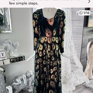 Formal Black Velvet Sequinned Feather Maxi Dress.